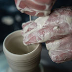 Richard Heeley at work in his pottery in Shropshire Feb 2018